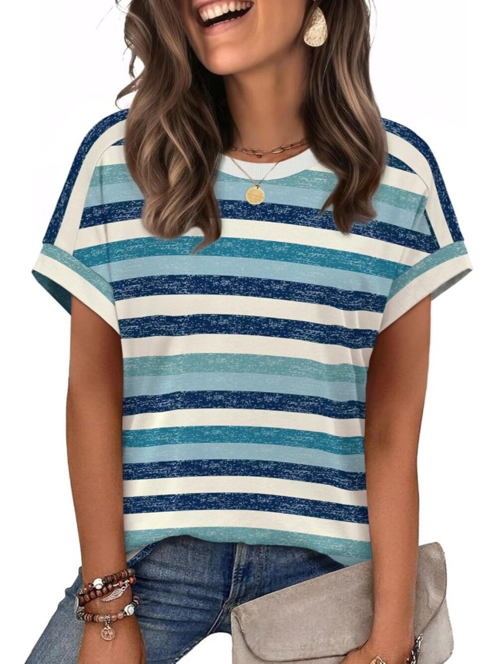 Women's Blue Stripes Summer Outfits Cloth Pull On Top Short Sleeve Casual Shirt